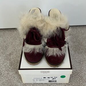 Coach Burgundy Suede Fur-Trim Slide Mules